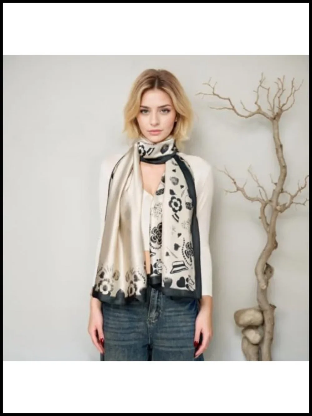 Elegant Floral Silk Scarf Shawl Lightweight Polyester Wrap Trendy Headscarf